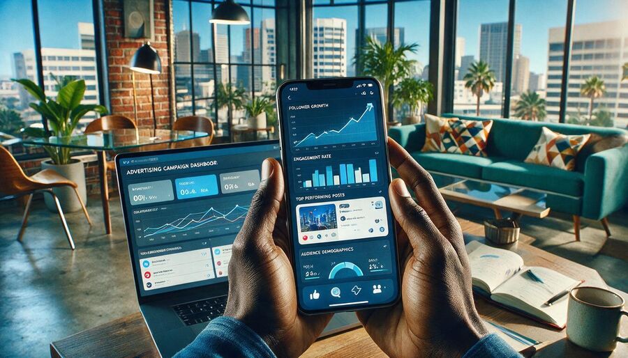 Marketer reviewing social media analytics on a smartphone